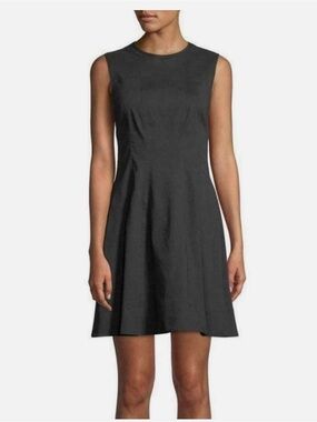 THEORY Modern Tea Mini Dress Solid Black Linen Blend Fit & Flare Sz 6 Sleeveless